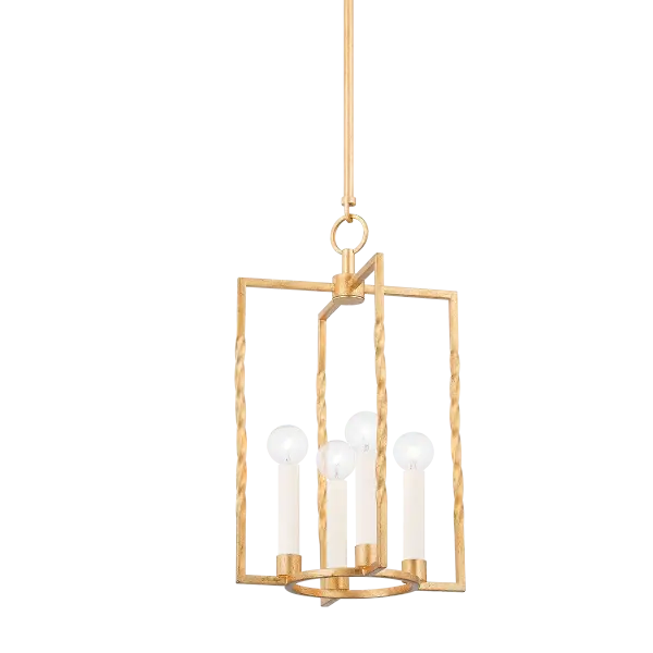 The Adelaide Lantern masterfully bridges vintage and contemporary design with its twisted metal frame and candelabra sockets. The vintage gold leaf finish adds warmth while circular accents soften the geometric lines, creating versatile appeal.