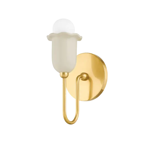 The Delilah Wall Sconce brings soft, feminine charm with its aged brass arm, crisp white fabric shade, and distinctive ruffle collar. Perfect for creating a cottage or farmhouse aesthetic in intimate spaces.