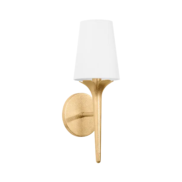 The Emily Wall Sconce brings organic elegance with its sculptural gold leaf arms and petal-like accents. White linen shades create a soft, warm glow perfect for intimate spaces. A versatile transitional design that works in both traditional and contemporary settings.