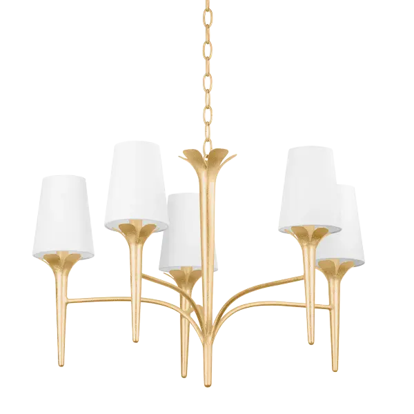 The Emily Chandelier brings natural elegance with its sculptural gold leaf arms and petal-like accents. Five tapered white linen shades create a soft, warm glow perfect for intimate dining or bedroom settings.
