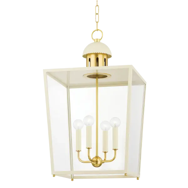 The June Lantern beautifully blends old world elegance with contemporary sensibility. Its aged brass frame and soft cream shade create a sophisticated focal point, while delicate scallop detailing adds cottage charm.