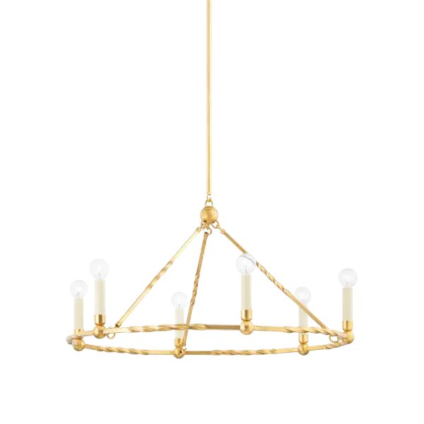The Josephine Chandelier brings timeless traditional style with its twisted metal frame and vintage gold leaf finish. Perfect for those seeking classical elegance with a fresh, updated aesthetic.