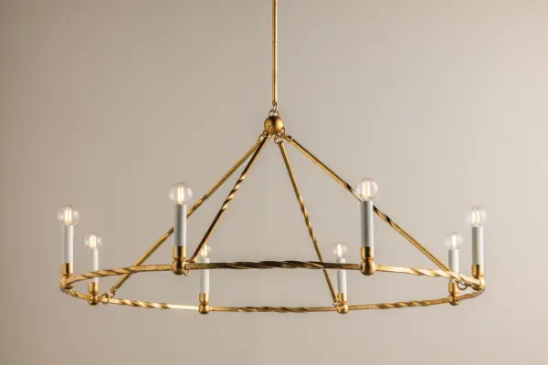 The Josephine Chandelier brings timeless traditional style with its vintage gold leaf finish and twisted metal frame. Perfect for those who appreciate classical design with a fresh, contemporary twist on the ring chandelier format. - alternate view