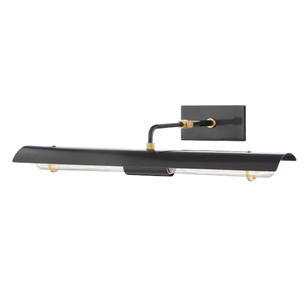 The Raelynn Picture Light combines traditional picture lighting with modern adjustability. Its telescoping arm and rotating reflector offer precise light positioning, while knurled hardware and metal ring details add sophisticated industrial touches.