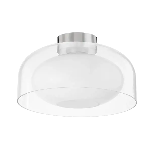 The Giovanna Flush Mount showcases sophisticated simplicity through its innovative dual-shade design. An opal glass inner shade nestled within a clear glass dome creates subtle depth and visual interest while maintaining a clean, minimal aesthetic.