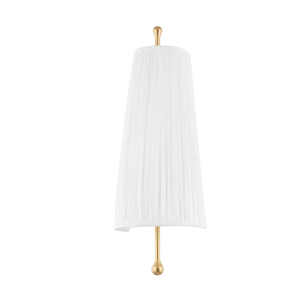 The Adeline Wall Sconce combines feminine elegance with transitional versatility. Its pleated white fabric shade and aged brass stem create a sophisticated look perfect for bedrooms, bathrooms, and hallways.