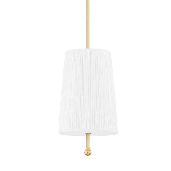 The Adeline Pendant combines feminine elegance with transitional versatility. Its exquisitely pleated white fabric shade and aged brass stem create a sophisticated focal point perfect for intimate spaces.