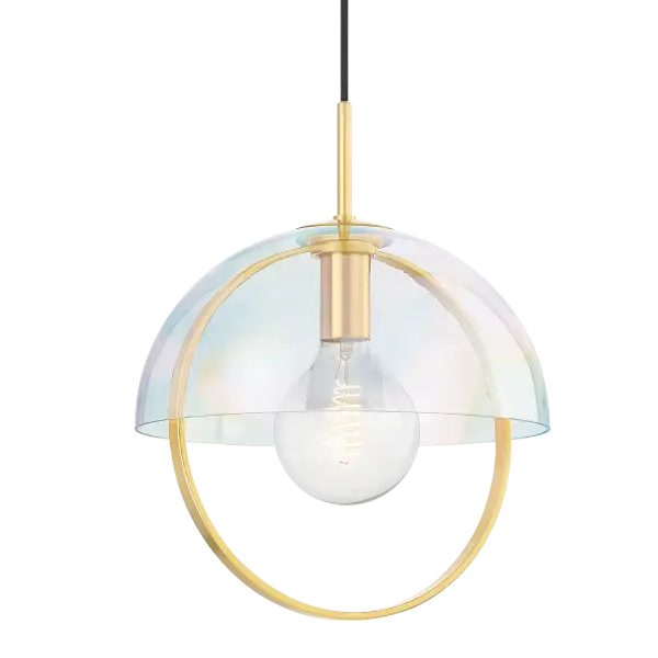 The Meriah Pendant combines jewelry-inspired design with functional lighting. Spherical brass elements cascade within an iridescent glass dome, creating subtle sparkle and visual interest perfect for transitional spaces.
