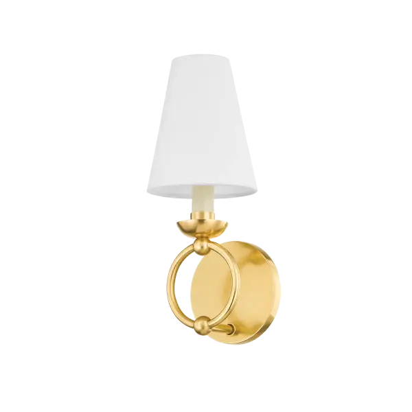 The Haverford Wall Sconce combines classic design with modern sensibility. Featuring crisp white linen shades and streamlined candlestick forms, this Aged Brass fixture adds warmth and sophistication to any wall.