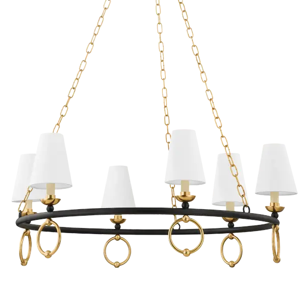 The Haverford Chandelier combines traditional elegance with contemporary clean lines. Featuring crisp white linen shades, streamlined candlesticks, and distinctive equestrian ring details in a sophisticated Aged Brass and Texture Black finish.