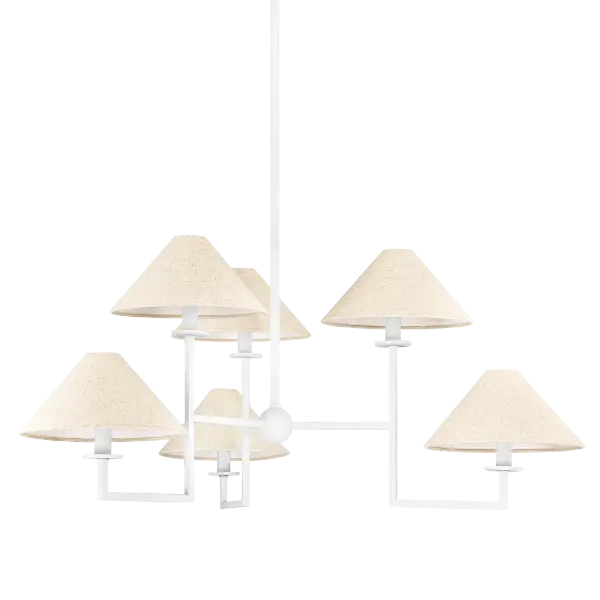 The Gladwyne Chandelier combines clean modern lines with warm natural linen shading for a sophisticated look that works across multiple design styles. Its tonal white palette and sculptural form create visual interest.