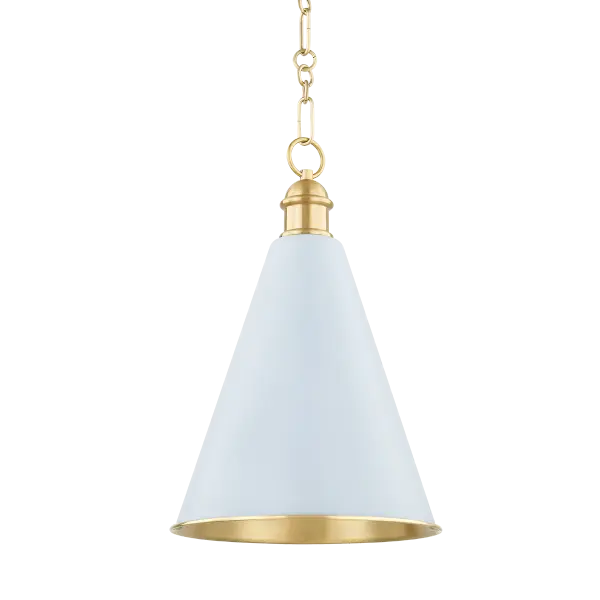 The Fenimore Pendant combines classic conical form with refined details like an elegant shade topper and intricate chainwork. Part of a designer collaboration, it features a unique Soft Blue exterior finish paired with warm Aged Brass interior for sophisticated ambient lighting.