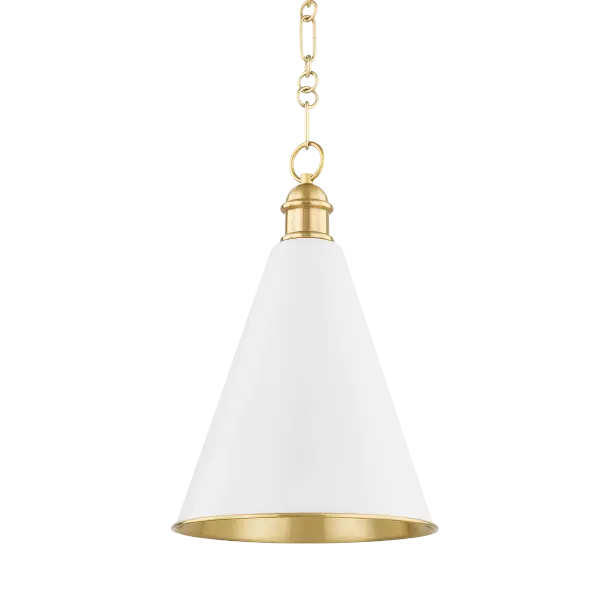 The Fenimore Pendant combines classic conical form with sophisticated details like an elegant shade topper and intricate chainwork. Part of the exclusive Ariel Okin collaboration, it features dual-tone finish with warm Aged Brass interior and crisp Soft White exterior for refined versatility.