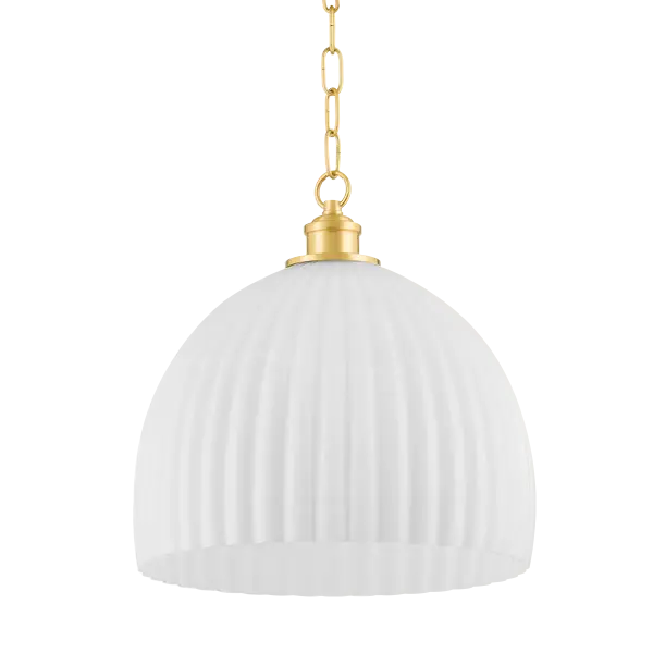 The Hillary Pendant brings cottage charm with its fluted glass shade and aged brass finish. Perfect for layering in multiples over kitchen islands or dining tables, this versatile fixture works beautifully solo or in pairs.