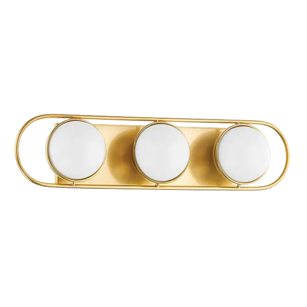 The Amy vanity light brings a sophisticated jewelry aesthetic to bathroom spaces with opal glass spheres set in an elegant aged brass frame. Its versatile design allows both vertical and horizontal mounting for flexible placement.