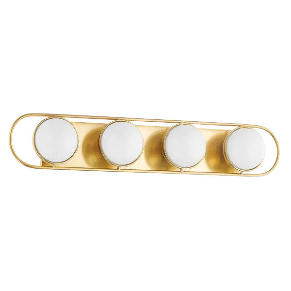 The Amy Bath and Vanity Light brings a sophisticated jewelry aesthetic to bathroom spaces with opal glass spheres set in an elegant Aged Brass racetrack frame. Versatile vertical or horizontal mounting makes it perfect above or alongside mirrors.