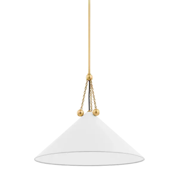 The Kalea Pendant masterfully blends Bauhaus-inspired geometry with bohemian ornamentation. Aged Brass chainwork and orb accents add jewelry-like detail to the clean, angular shade, creating a sophisticated focal point.
