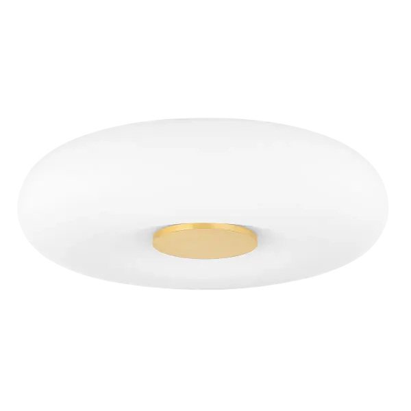 The Imani combines a soft fabric drum shade with an elegant aged brass center button, creating a sophisticated yet understated look. Its low-profile LED design makes it ideal for spaces with ceiling height constraints.