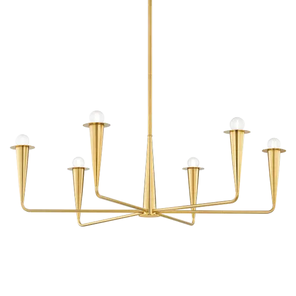 The Danna Chandelier masterfully blends industrial candlestick forms with botanical elegance and retro glass orbs. Its torch-like silhouette and clear glass spheres create dramatic visual interest while the aged brass finish adds warmth to modern interiors.