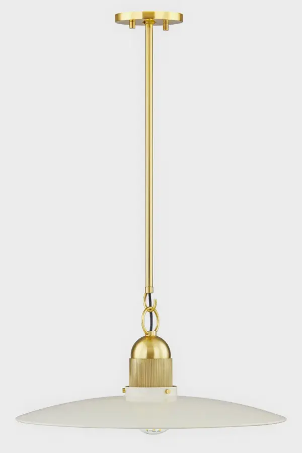 The Leanna Pendant masterfully blends modern minimalism with farmhouse charm through its slim reflector shade and knurled brass detailing. Perfect for multiples over kitchen islands, creating sophisticated visual impact. - alternate view