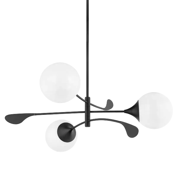 The Victoria Chandelier brings sophisticated modern style with its curved lines and mobile-inspired design. Three opal globe pendants with delicate petal accents create visual interest and movement, perfect for contemporary spaces.