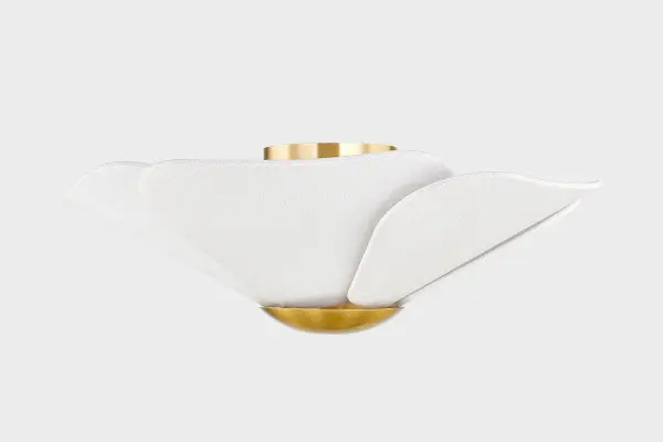 The Madeline Flush Mount combines flowing petal-shaped linen shades with Aged Brass accents for a sophisticated natural aesthetic. Dual lighting illuminates both from within and below for ambient warmth. - alternate view