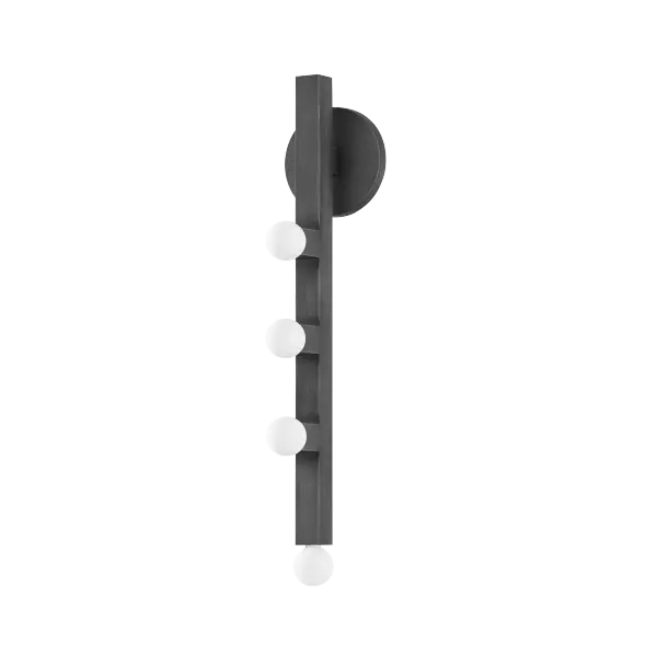 The Sutter Wall Sconce brings modern sophistication with its thoughtfully asymmetric glass orb arrangement along a slender graphite frame. Inspired by Mondrian's geometric compositions, it balances decorative flair with clean lines.