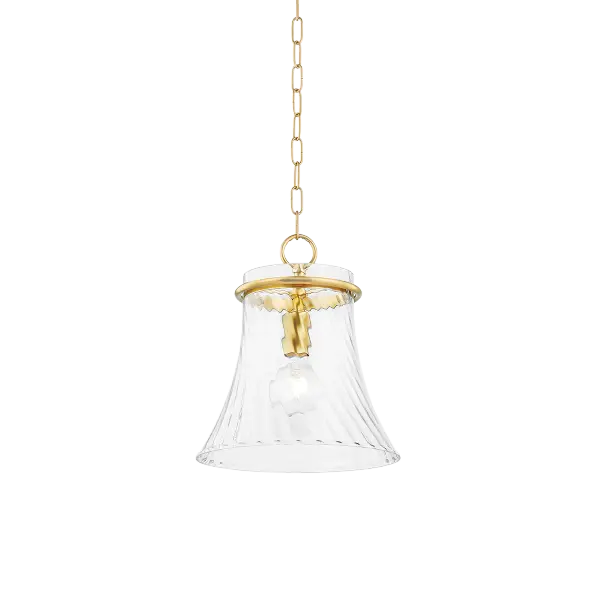 The Cantana Pendant blends traditional charm with modern sophistication through its clear optic glass shade featuring a distinctive swirl pattern. The aged brass metal ring adds warmth and visual interest while the swirled glass refracts light beautifully for a soft, ambient glow.