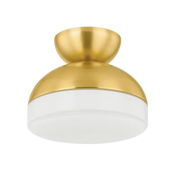 The Rue Flush Mount combines sleek inverted dome glass shades with clean metalwork geometry for a fresh, contemporary look. Its softly concaved glass provides soft downlighting while the aged brass finish adds warmth to any space.
