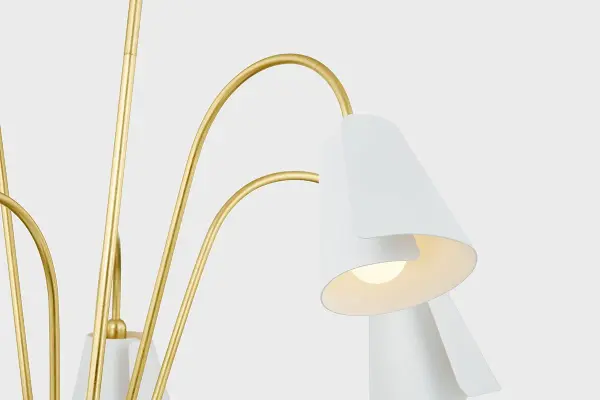 The Lila Chandelier brings organic beauty indoors with its calla lily-inspired design. Coiled metal shades in Textured White bloom from Gold Leaf stems at varying heights, creating visual interest and movement. Perfect for adding sculptural elegance to dining rooms and entryways. - alternate view