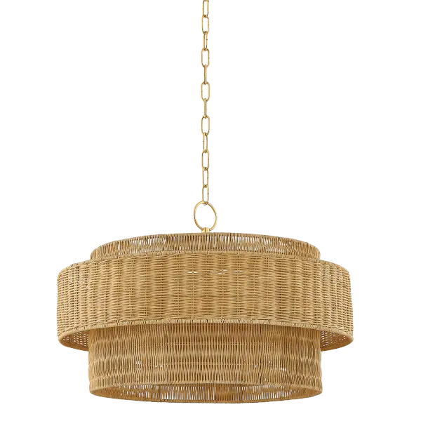 The Danica Pendant brings relaxed coastal elegance with its distinctive double-layered wicker drum shades featuring alternating weave patterns. Four candles create warm, diffused lighting through natural wicker, while aged brass accents add sophisticated contrast.
