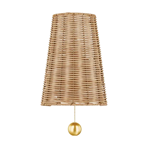 The Naida Wall Sconce brings vintage basket-inspired charm to modern spaces with its handwoven rattan shade and whimsical pull chain. Perfect for adding coastal warmth and organic texture to bathrooms, bedrooms, and hallways.