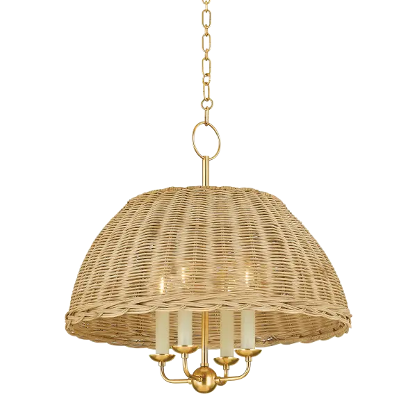 The Arwen Chandelier reimagines traditional lighting with natural rattan wicker intricately woven over a candle array, creating beautiful light patterns. Aged Brass accents add warmth and sophistication to this transitional piece.