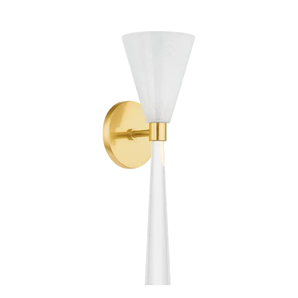 The Amara Wall Sconce combines timeless elegance with botanical inspiration. Its etched Cloud Glass shade and sparkling crystal stem create a sophisticated focal point perfect for intimate spaces.