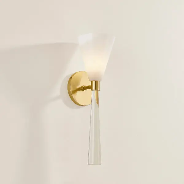 The Amara Wall Sconce combines timeless elegance with botanical inspiration. Its etched Cloud Glass shade and sparkling crystal stem create a sophisticated focal point perfect for intimate spaces. - alternate view