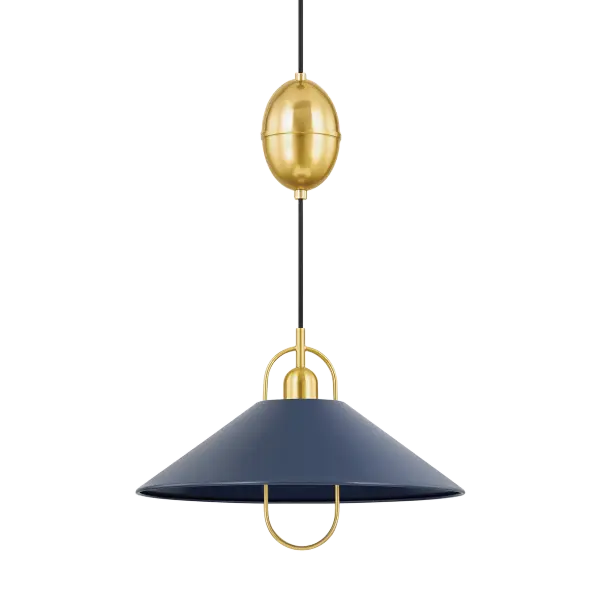 The Mariel Pendant beautifully bridges traditional and modern design with its distinctive curved harp detail and sophisticated Aged Brass finish. The Soft Navy metal shade adds a refined pop of color while the halo-like socket cup creates visual interest.