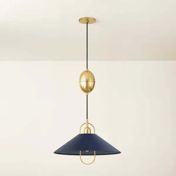 The Mariel Pendant beautifully bridges traditional and modern design with its distinctive curved harp detail and sophisticated Aged Brass finish. The Soft Navy metal shade adds a refined pop of color while the halo-like socket cup creates visual interest. - alternate view