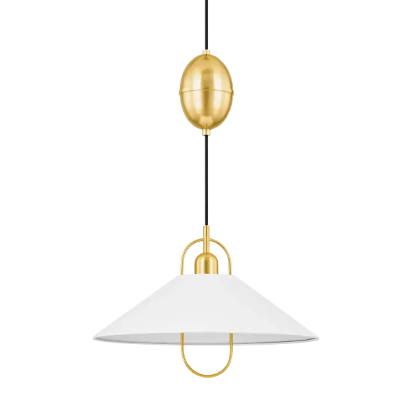 The Mariel Pendant beautifully bridges traditional and modern design with its distinctive curved harp detail and clean drum shade. The Aged Brass finish adds warmth while the Soft White shade provides soft, diffused light.