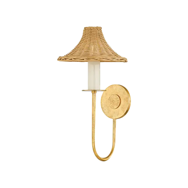 The Twila Wall Sconce beautifully blends artisanal rattan craftsmanship with luxurious Vintage Gold Leaf accents. Its handmade aesthetic creates warm, filtered light through natural weave patterns, perfect for adding organic sophistication to any space.