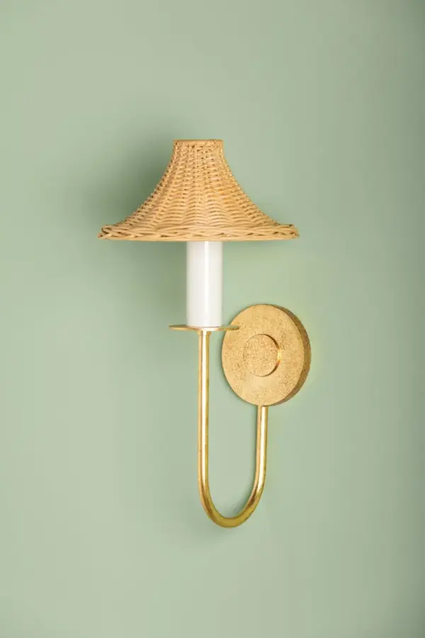 The Twila Wall Sconce beautifully blends artisanal rattan craftsmanship with luxurious Vintage Gold Leaf accents. Its handmade aesthetic creates warm, filtered light through natural weave patterns, perfect for adding organic sophistication to any space. - alternate view