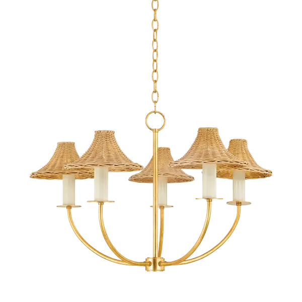 The Twila Chandelier beautifully blends artisanal rattan weaving with luxurious Vintage Gold Leaf finish. Its candle-style arms and natural materials create a sophisticated yet organic aesthetic perfect for modern coastal or transitional spaces.