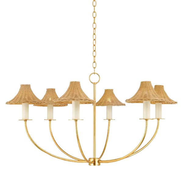 The Twila Chandelier beautifully merges natural rattan craftsmanship with luxurious Vintage Gold Leaf finish. Its candle-style arms and handwoven shade create warm, filtered light with an heirloom quality that brings organic sophistication to any space.