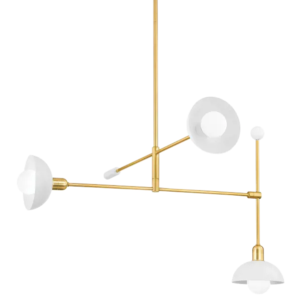 The Billie Chandelier brings artful mid-century modern design to any space with its mobile-inspired pivoting arms and warm Aged Brass finish. Clean lines and symmetrical design create visual interest while Soft White shades provide ambient lighting.