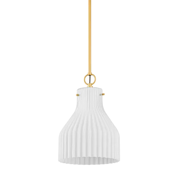The Corinthia Pendant brings sophisticated simplicity to any space with its gracefully ribbed opal glass shade and aged brass finish. Perfect for solo installation or grouped arrangements above countertops and hallways.