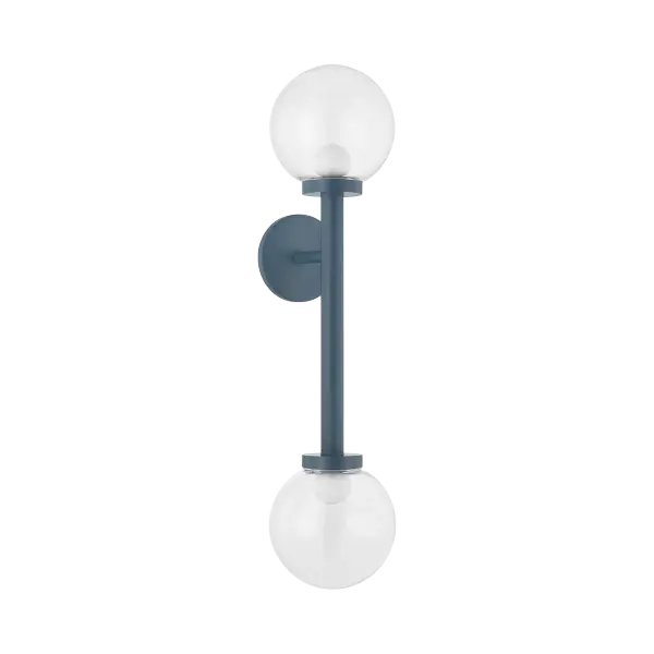 The Sia Wall Sconce brings 1950s-60s mobile-inspired design to modern spaces with its symmetrical composition and bold Slate Blue finish accented by Aged Brass. Clear glass orbs provide ambient lighting while the sculptural form serves as functional art.