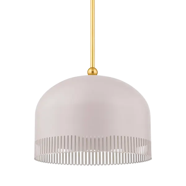 Zoe Feldman's Liba Pendant combines classic forms with whimsical details, featuring a unique warm neutral shade with pink undertones and slender scalloped edges that create an inviting, calming presence in any space.