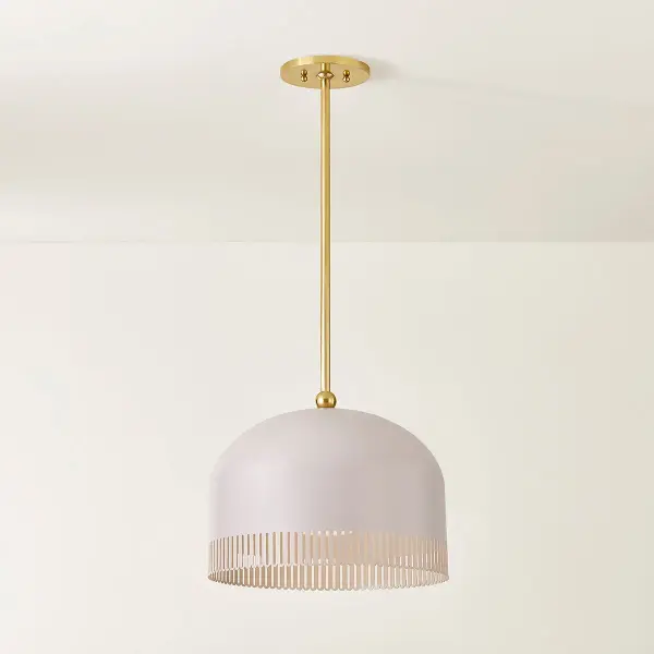 Zoe Feldman's Liba Pendant combines classic forms with whimsical details, featuring a unique warm neutral shade with pink undertones and slender scalloped edges that create an inviting, calming presence in any space. - alternate view