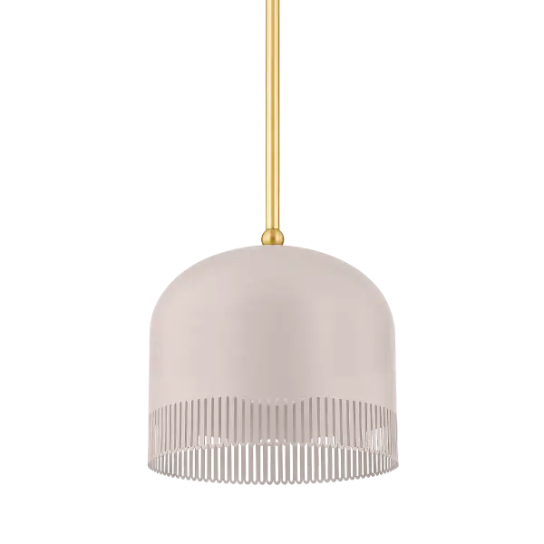 Zoe Feldman's Liba Pendant combines classic forms with playful details. The unique warm neutral shade with pink undertones creates a calming atmosphere, while scalloped edges add whimsy. Aged Brass framework provides elegant contrast.