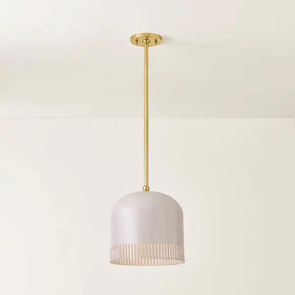 Zoe Feldman's Liba Pendant combines classic forms with playful details. The unique warm neutral shade with pink undertones creates a calming atmosphere, while scalloped edges add whimsy. Aged Brass framework provides elegant contrast. - alternate view