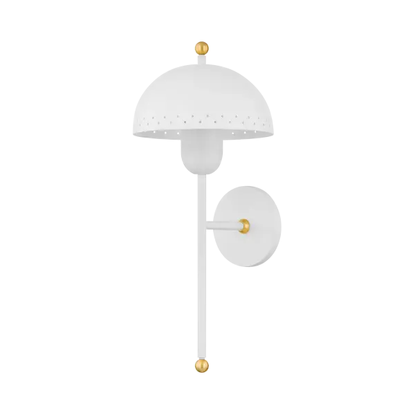 The Jojo Wall Sconce brings midcentury charm with its dome-shaped perforated shade in Soft White, elegantly accented with Aged Brass. Part of the Zoe Feldman collection, it creates ambient lighting through decorative cutouts.
